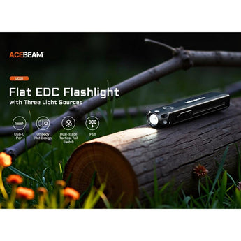 Acebeam UC20 USB-C Rechargeable EDC LED Flashlight Informational Slide - Flat ED Flashlight