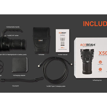 Acebeam X50 2.0 High Intensity USB-C Rechargeable Handheld Searchlight - 45000 Lumens - Uses Built-In 10.8V 4250mAh Li-ion Battery Pack - Cool or Neutral White LEDs
