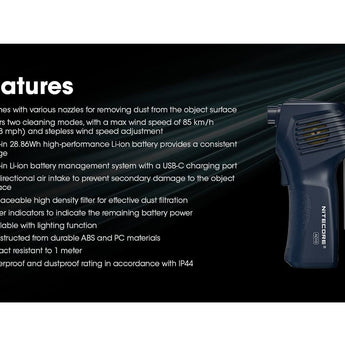 Nitecore AD10 Professional Cord-Free Electric Air Duster - High CRI LED - Uses Built-in 28.86Wh Li-ion Battery Pack