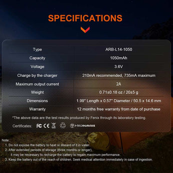 Fenix ARB-L14-1050 14500 1050mAh 3.6V Protected 2A Lithium Ion (Li-ion) Button Top Battery