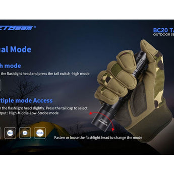 Jetbeam BC20-TAC USB-C Rechargeable LED Flashlight - CREE XP-L HI - 1100 Lumens - Uses 1 x 18650 or 2 x CR123A