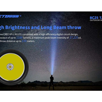 Jetbeam BC25-TAC USB-C Rechargeable LED Flashlight - CREE XP-L HI - 1100 Lumens - Uses 1 x 18650 or 2 x CR123A