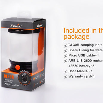 Fenix CL30R USB Rechargeable Camping Lantern / Power Bank - Neutral White LED - 650 Lumens - Includes 3 x 18650s - Black