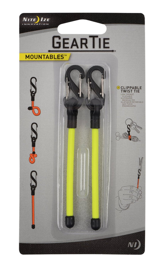 Nite Ize Gear Tie Clippable Rubber Twist Tie with Size 0 Plastic S-Biner - 3-Inch - 2 Pack - Neon Yellow (GLZ-33-2R7)