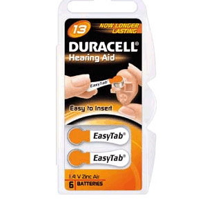 Duracell Activair Size 13 300mAh 1.4V Zinc Air EasyTab Hearing Aid Batteries (DA13B8) - 6 Pack Clam Shell