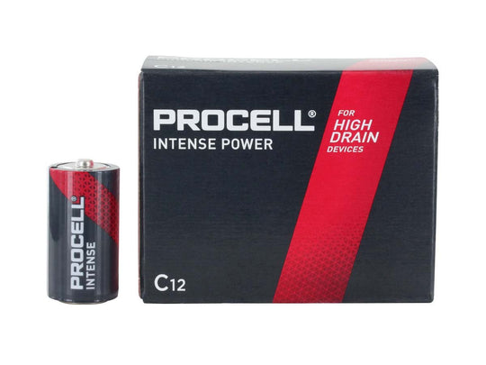 Duracell Procell Intense C-Cell Button Top Batteries 0 12 Count Box with One Battery Sitting Beside it