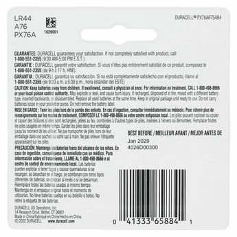 Duracell Medical PX76A LR44 1.5V Alkaline Button Cell Batteries (PX76A675AB4) - 4 Piece Retail Card