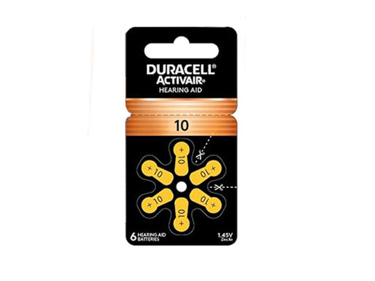 Duracell DA10-CRP-6 (6PK) Size 10 95mAh 1.45V Zinc Air Yellow Hearing Aid Batteries (DA10CRP6) - 6 Piece Retail Card