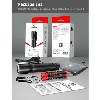 Klarus E2 Deep Pocket Carry USB-C Rechargeable LED Flashlight - CREE XHP35B HD - 1600 Lumens - Includes 1 x 18650
