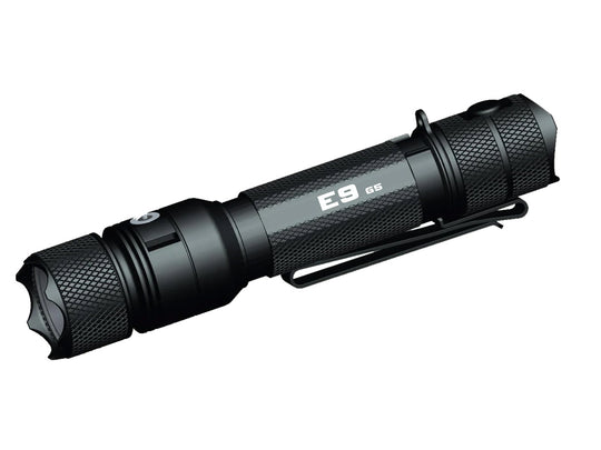 Powertac E9 GEN5 LED Flashlight - left angled view