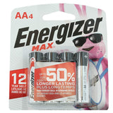 Energizer Max E91-BP-4 AA 1.5V Alkaline Button Top Batteries - 4 Piece Retail Card