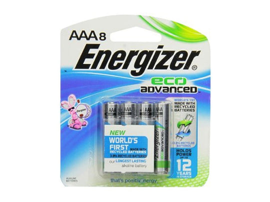 Energizer EcoAdvanced XR92-BP-8 AAA 1.5V Recycled Alkaline Button Top Batteries - 8 Pack Retail Card