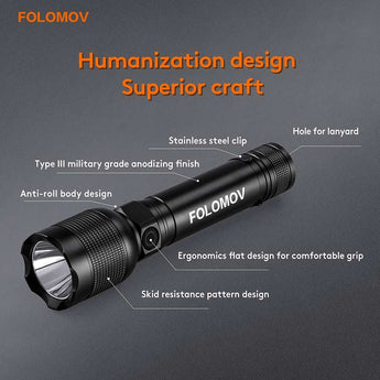 Folomov EDC H4 USB-C Rechargeable LED Flashlight - Nichia NVSW519A - 1000 Lumens - Uses Built-in 2600mAh Li-ion Battery Pack