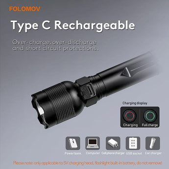 Folomov EDC H4 USB-C Rechargeable LED Flashlight - Nichia NVSW519A - 1000 Lumens - Uses Built-in 2600mAh Li-ion Battery Pack