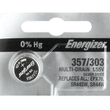 Energizer 357/303 150mAh 1.55V Silver Oxide Coin Cell Battery (D303, D357, D303/357, GS13, 228, 357, 280-62, 76A) - 1 Piece Tear Strip, Sold Individually