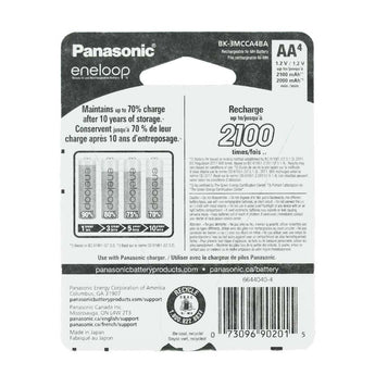 Panasonic Eneloop BK-3MCCA-4BA AA 2000mAh 1.2V Low Self Discharge Nickel Metal Hydride (NiMH) Button Top Batteries - 4 Pack Retail Card