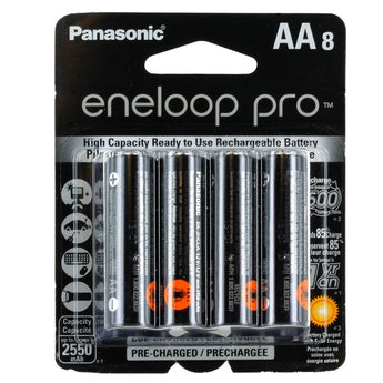 Panasonic Eneloop Pro BK-3HCCA-8BA AA 2550mAh 1.2V Low Self Discharge Nickel Metal Hydride (NiMH) Button Top Batteries - 8 Pack Retail Card