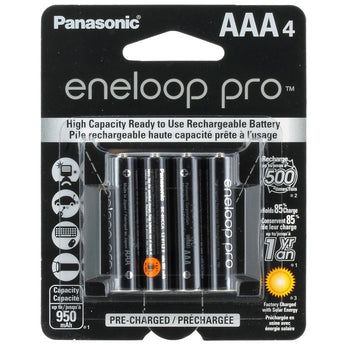 Panasonic Eneloop Pro BK-4HCCA-4BA AAA 950mAh 1.2V Low Self Discharge Nickel Metal Hydride (NiMH) Button Top Batteries - 4 Pack Retail Card