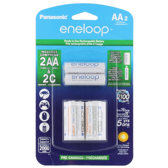 Panasonic Eneloop K-KJS2MCA-2BA AA 2000mAh 1.2V Low Self Discharge Nickel Metal Hydride (NiMH) Button Top Batteries with C Cell Spacers - 2 Pack Retail Card