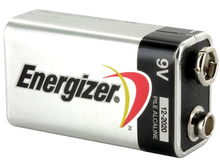Energizer Max 9V Alkaline Battery with Snap Connector - Angled View of Positive and Negative Terminals
