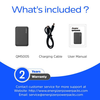 Energizer QM5005 5000mAh Magnetic Wireless Charging Power Bank Informational Slide - What's Included