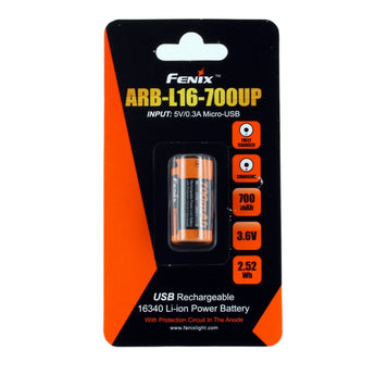 Fenix ARB-L16-700UP High Discharge 16340 700mAh 3.6V Lithium Ion (Li-ion) Button Top Battery with Micro USB Charging Port - Retail Card