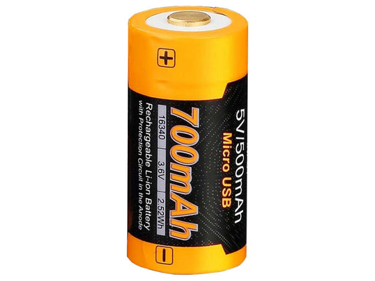 Fenix ARB-L16-700UP High Discharge 16340 700mAh 3.6V Lithium Ion (Li-ion) Button Top Battery with Micro USB Charging Port - Retail Card
