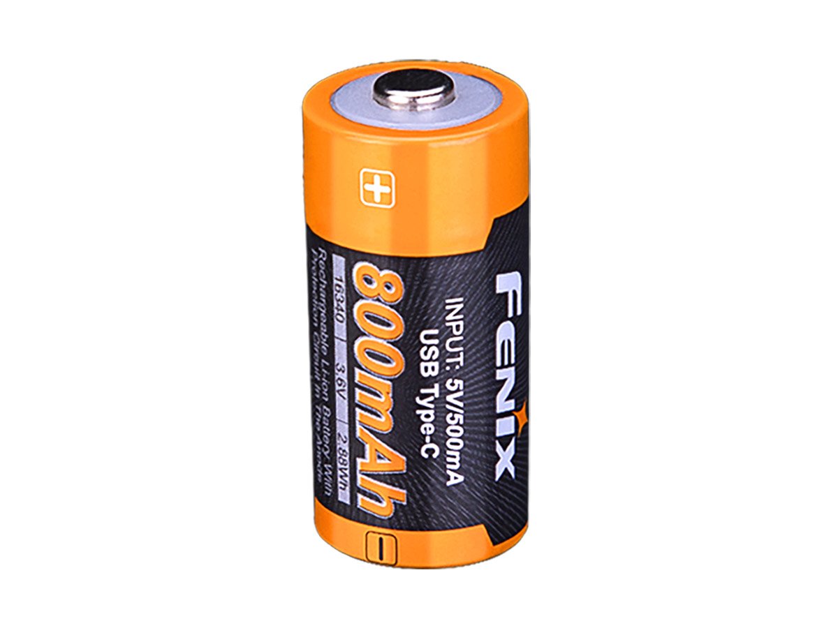 Fenix ARB-L16-800UP High Discharge 16340 800mAh 3.6V Lithium Ion (Li-ion) Button Top Battery with USB-C Charging Port