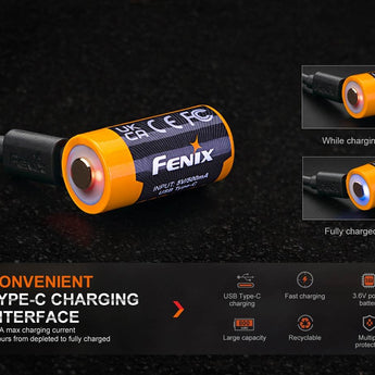 Fenix ARB-L16-800UP High Discharge 16340 800mAh 3.6V Lithium Ion (Li-ion) Button Top Battery with USB-C Charging Port - Retail Card