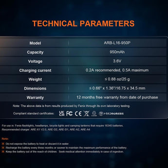 Fenix ARB-L16-950P High Performance 16340 950mAh 3.6V Protected Lithium Ion (Li-ion) Button Top Battery