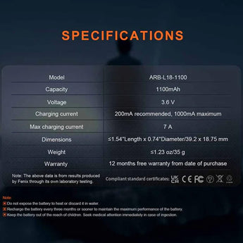 Fenix ARB-L18-1100 18350 1100mAh 3.6V Protected Lithium Ion (Li-ion) Button Top Battery