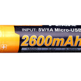 Fenix ARB-L18U 18650 2600mAh 3.6V Protected Lithium Ion (Li-ion) Button Top Battery with Micro USB Charging Port - Clam Shell