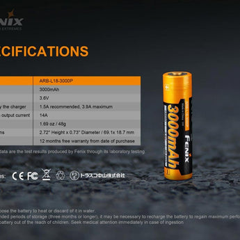 Fenix ARB-L18-3000P 18650 3000mAh 3.6V Protected Lithium Ion (Li-ion) Button Top Battery - Clam Shell