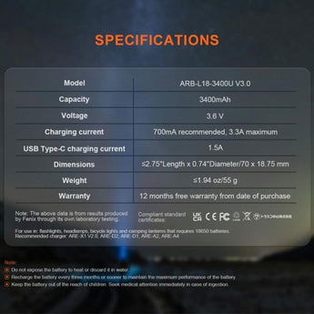 Fenix ARB-L18-3400U V3.0 18650 3400mAh 3.6V Protected Lithium Ion (Li-ion) Button Top Battery with Built-In USB-C Charging Port