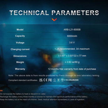 Fenix ARB-L21-6000B 21700 6000mAh 3.6V Protected Lithium Ion (Li-ion) Button Top Battery with Built-In USB-C Charging Port