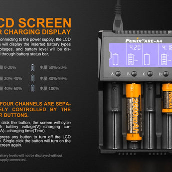 Fenix ARE-A4 Multi-Functional 4 Bay Smart Charger for Li-ion, NiMH, and NiCd Batteries