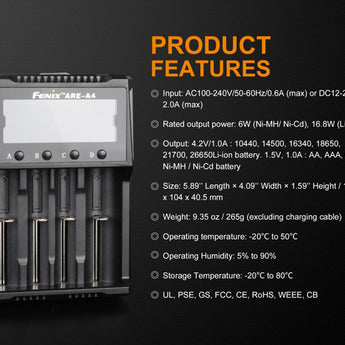 Fenix ARE-A4 Multi-Functional 4 Bay Smart Charger for Li-ion, NiMH, and NiCd Batteries