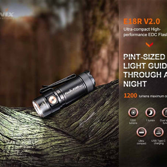 Fenix E18R-V2 USB-C Rechargeable EDC LED Flashlight - Luminus SST40 - 1200 Lumens - Includes 1 x 16340