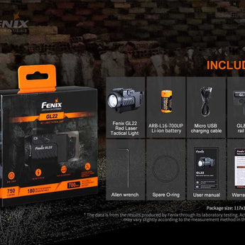 Fenix GL22 Rechargeable LED Weapon Light with Red Laser - Luminus SST20 - 750 Lumens - Includes 1 x 16340