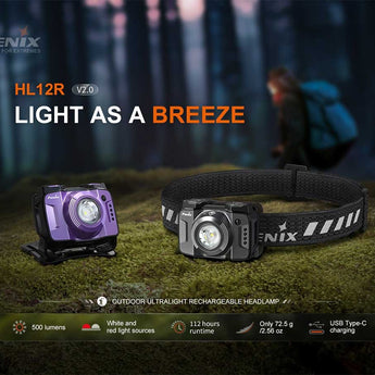 Fenix HL12R V2.0 USB-C Rechargeable LED Headlamp - 500 Lumens - Luminus SST20 - Uses Built-in 950mAh Li-ion Battery Pack - Gun Gray or Purple