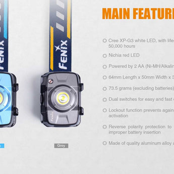 Fenix HL30 2018 Edition Outdoor Hiking Headlamp - CREE XP-G3 and Nichia Red LED - 300 Lumens - Includes 2 x AA - Grey