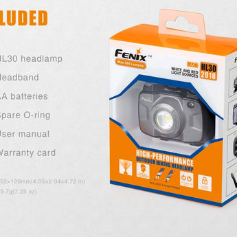 Fenix HL30 2018 Edition Outdoor Hiking Headlamp - CREE XP-G3 and Nichia Red LED - 300 Lumens - Includes 2 x AA - Grey