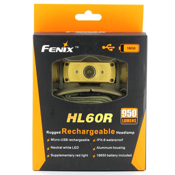Fenix HL60R Dual Light Source USB Rechargeable Headlamp - Luminus SST40 - 950 Lumens - Uses 1 x 18650 (Included) or 2 x CR123A - Yellow