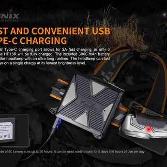 Fenix HP16R USB-C Rechargeable LED Headlamp - Luminus SST40 and CREE XP-G3 S4 - Includes ARB-LP3000 Li-Poly Battery Pack