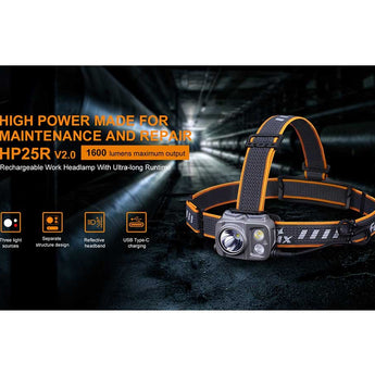 fenix manufacturer slide about the hp25r v2 headlamp main features