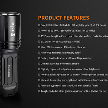 Fenix TK35 2018 Edition Rechargeable LED Flashlight - CREE XHP35 HI - 1300 Lumens - Neutral White - Uses 2 x 18650