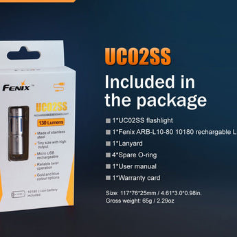 Fenix UC02SS USB Rechargeable Stainless Steel Keylight - CREE XP-G2 S2 LED - 130 Lumens - Includes 1 x 10180 - Blue