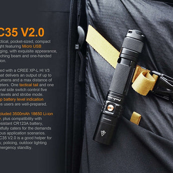 Fenix UC35 V2.0 Rechargeable LED Flashlight - CREE XP-L HI V3 - 1000 Lumens - Uses 1 x ARB-L18 18650 (Included) or 2 x CR123A