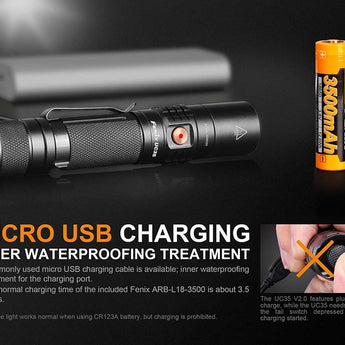 Fenix UC35 V2.0 Rechargeable LED Flashlight - CREE XP-L HI V3 - 1000 Lumens - Uses 1 x ARB-L18 18650 (Included) or 2 x CR123A