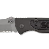 SOG Escape Folding Knife - 3.4-inch Partially Serrated, Clip Point - Bead Blasted (FF24) or Hardcased Black (FF25) - Black Handle - Clam Pack